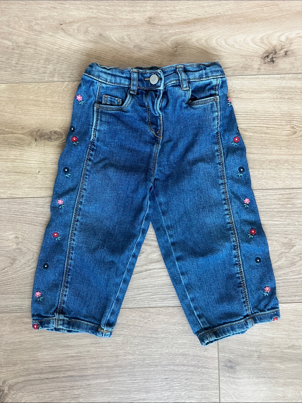 Italian Girls' Blue Denim Jeans with Floral Side Embroidery Barrel leg wide leg